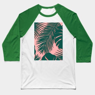 Coral Pink and Green Tropical Leaves Baseball T-Shirt